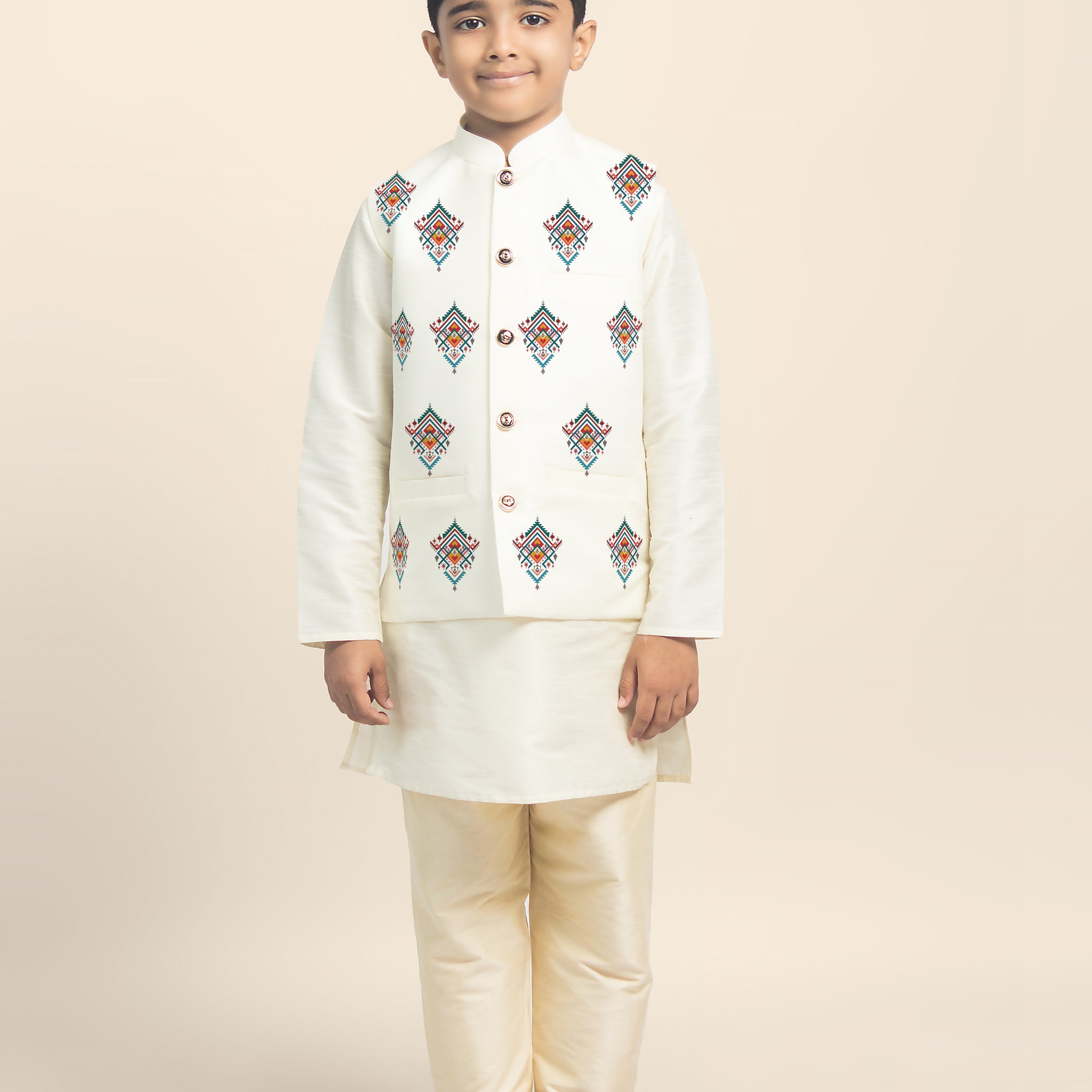Boys White Printed Kurta & Pyjama Set With Nehru Jacket