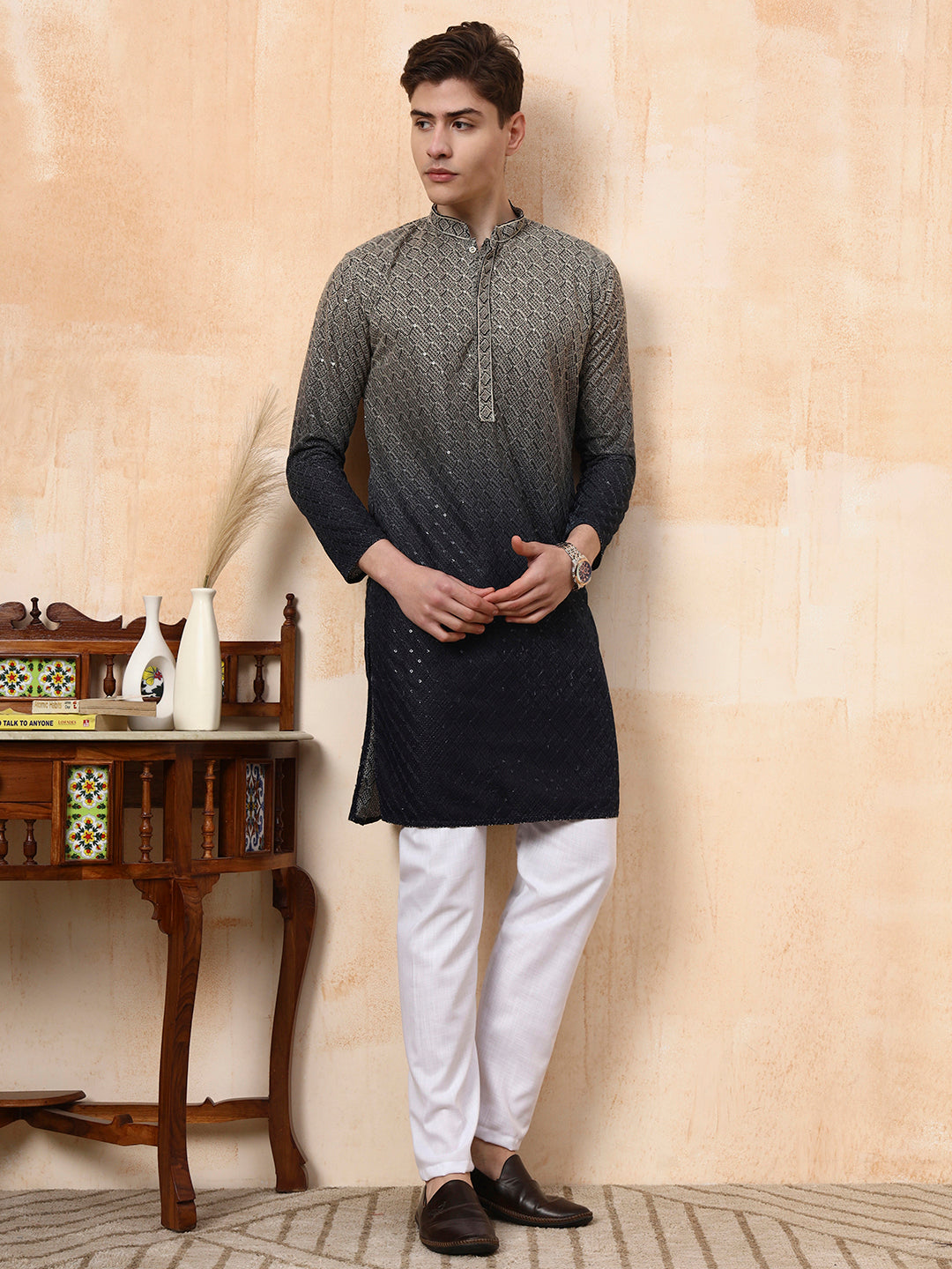 [BR] Men's Ombre Embellished Viscose Rayon Kurta Set