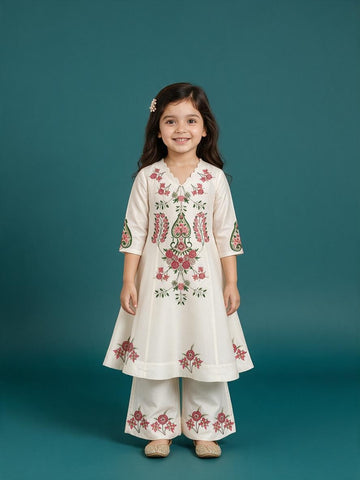 Girls' Off-White Art Silk Kurti Palazzo Set – Printed