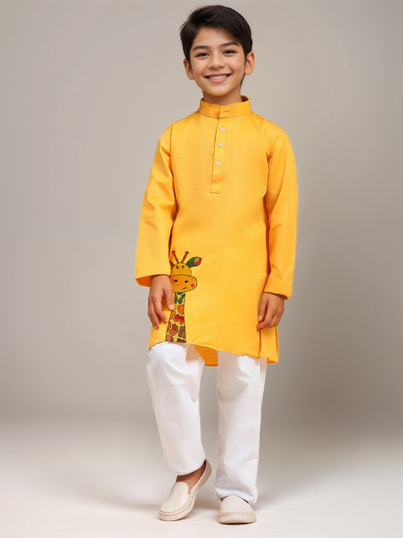 Boys Yellow Printed Kurta with Pyjama Set