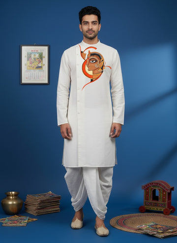 Men's White Cotton Kurta with Dhoti Set – Ethnic Print & Side Placket