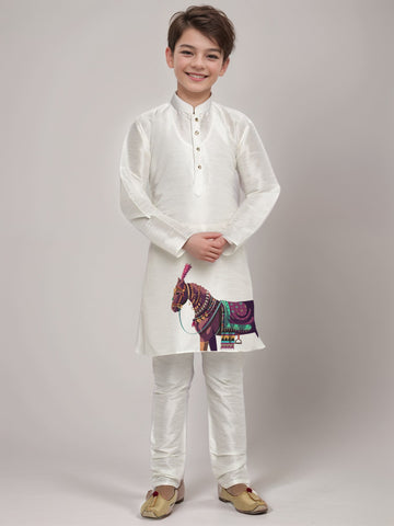 Boys White Printed Kurta With Pyjama Set