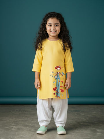 [DGKS-MGSP-RN] Girls Yellow Ethnic Motifs Printed Cotton Kurti Set