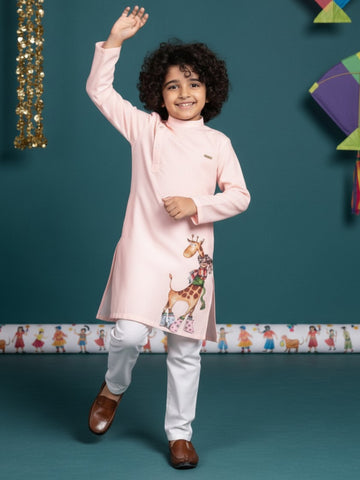 [DBKS-MGSP-B] Boy's Pink Ethnic motifs Print cotton kurta Set