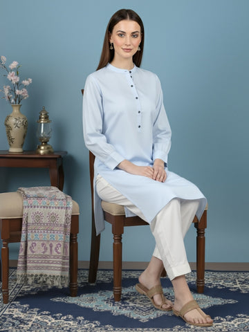 [DWKS-MG] Women Sky Blue Solid Cotton Kurti Set