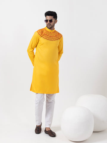 Mens Lime Green Side Placket Printed Kurta-Pyjama Set