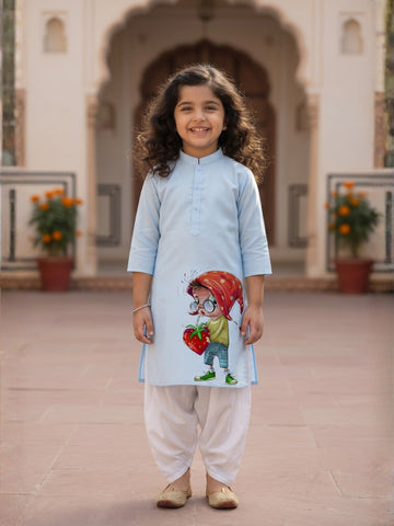 [DGKS-MGSP] Girls Sky Blue Ethnic Motifs Printed Cotton Kurti Set