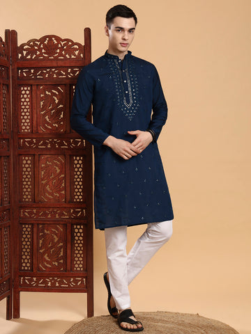 [MDE] Men's Navy Blue Mirror & Thread Work Modal Silk Kurta Set