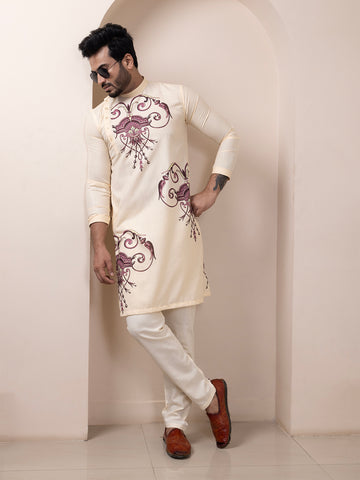 Mens Beige Side Placket Printed Kurta With Pyjama Set