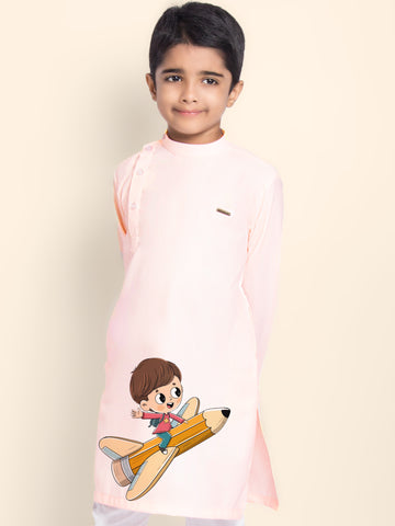 Boys Pink Cotton Kurta Pyjama with Print