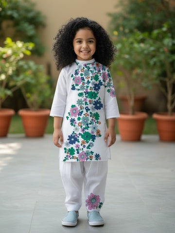 [DGKS-MGSP-B] Girls White Ethnic Motifs Printed Cotton Kurti Set