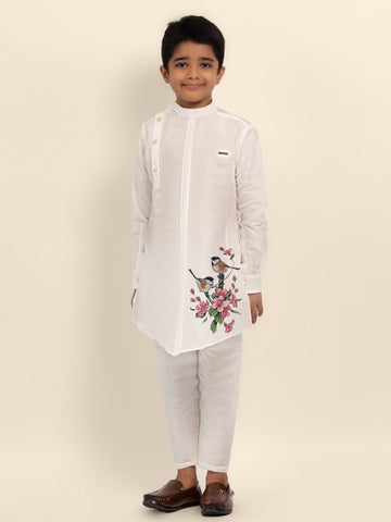 Boys White Printed Kurta With Pyjama Set