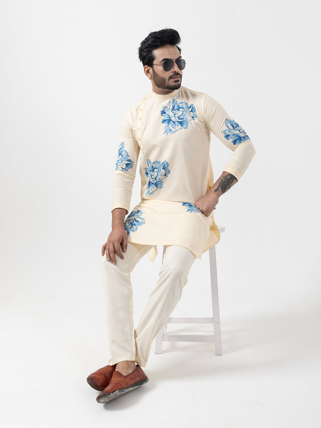 Floral Printed Band Collar Straight Kurta With Pyjama Set