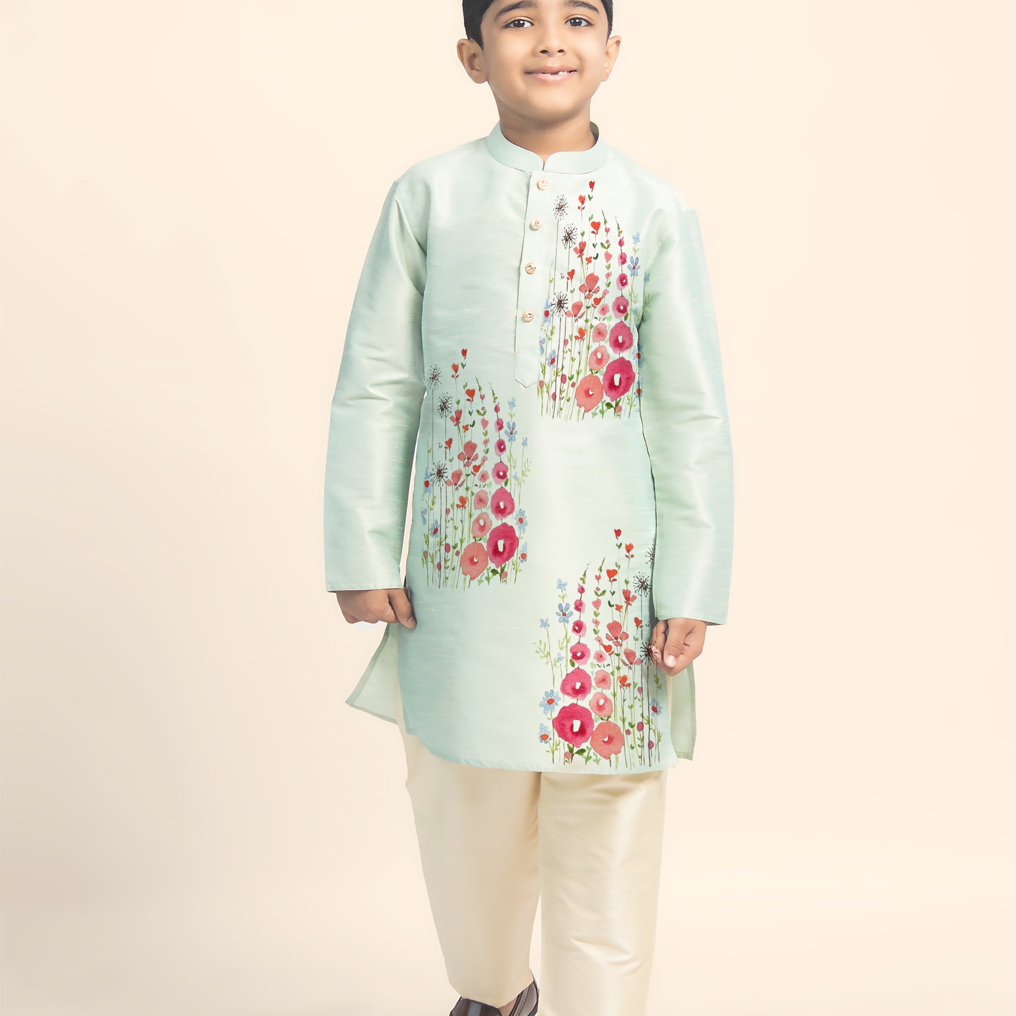 Boys Green Printed Kurta with Beige Pyjama Set