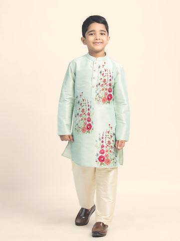 Boys Green Printed Kurta with Beige Pyjama Set