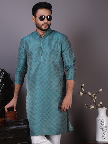 Men Geometric Woven Design Mandarin Collar Straight Kurta with Pyjama