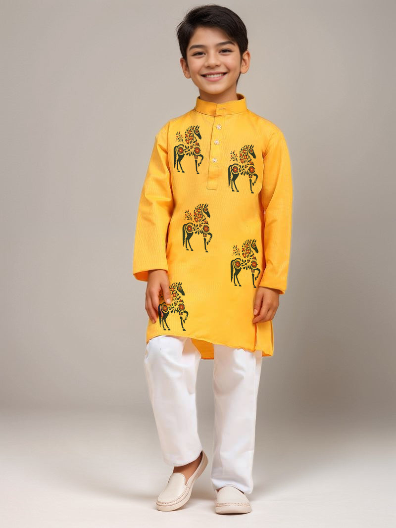 Boys Yellow Printed Kurta with Pyjama Set