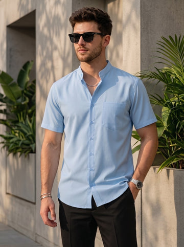 [DS-C-MG] Men's Blue chinese collar Cotton Shirt