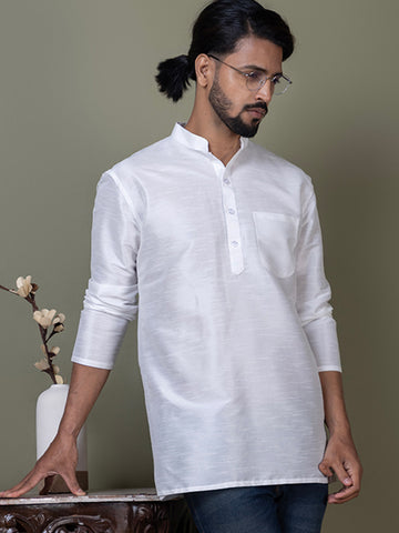 [DPS] Men's White Solid Art Silk Short Kurta