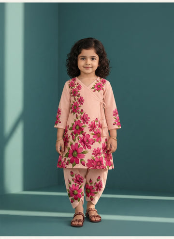 Girls' Peach Cotton Kurti with Tulip pant Set – Printed