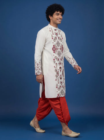 Men's White Cotton Kurta with Dhoti Set – Ethnic Print & Side Placket