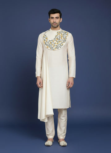 Men's Beige Silk Kurta Set – Ethnic Print & Side Placket