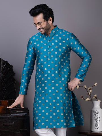 Men Mandarin Collar Jacquard Kurta with Pyjama