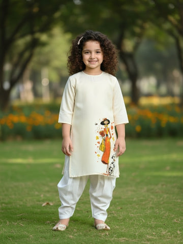 [DGKS-MGSP-RN] Girls Beige Ethnic Motifs Printed Cotton Kurti Set