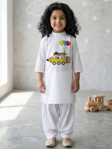 [DGKS-MGSP-B] Girls White Ethnic motifs Printed Cotton Kurti Set