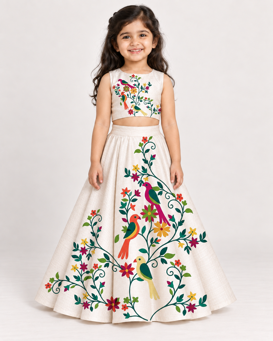 Girls' Off-White Art Silk Lehenga Set – Printed