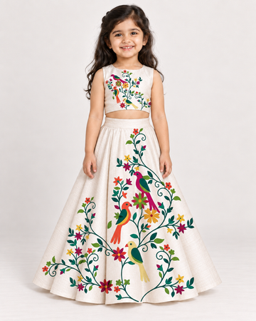Girls' Off-White Art Silk Lehenga Set – Printed