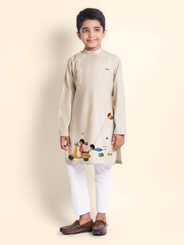 Boys Beige Printed Kurta With Pyjama