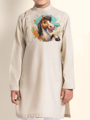 Boys Beige Printed Kurta With Pyjama