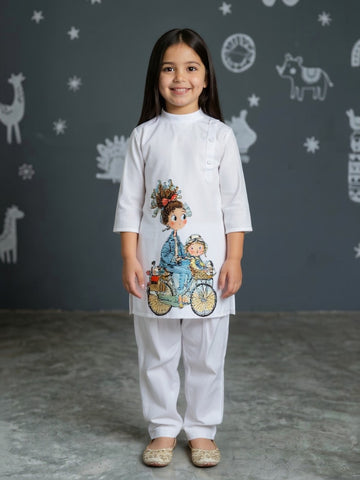 [DGKS-MGSP-B] Girls White Ethnic Motifs Printed Cotton Kurti Set