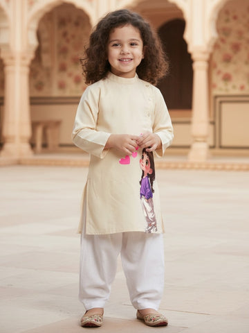 [DGKS-MGSP-B] Girls Beige Ethnic Motifs Printed Cotton Kurti Set