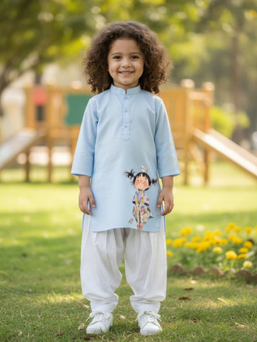 Girls' Sky Blue Cotton Kurti Set – Ethnic Print