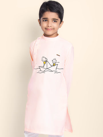Boys Pink Cotton Kurta Pyjama with Print