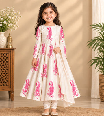 Girls' Off-White Art Silk Kurti and Churidar Pant Set – Printed