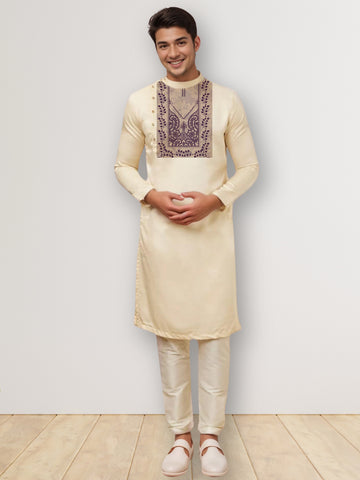 [MGSP-B] Men's Beige Ethnic Print Side Placket Cotton Kurta Set