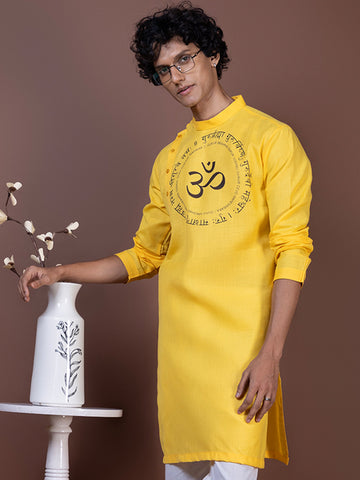 Mens Mustard Side Placket Printed Kurta-Pyjama Set