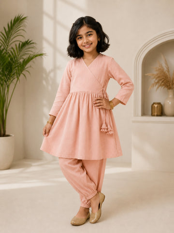[DGKS-MG-X] Girls Pink Solid Cotton Kurti Set