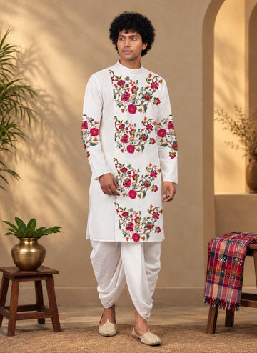Men's White Cotton Kurta with Dhoti Set – Ethnic Print & Side Placket