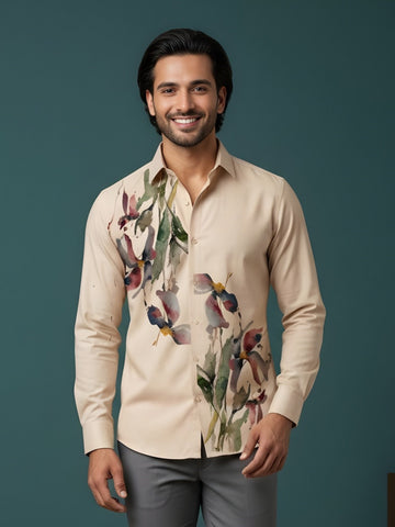 [DS-MGSP] Men's Beige Ethnic Printed Cotton Shirt