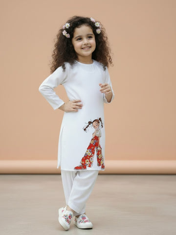 [DGKS-MGSP-RN] Girls White Ethnic Motifs Printed Cotton Kurti Set