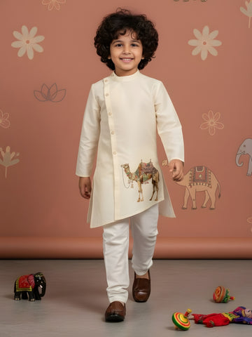 [DBKS-DPSP-D] Boy's Beige Ethnic motifs Print Art Silk kurta Set