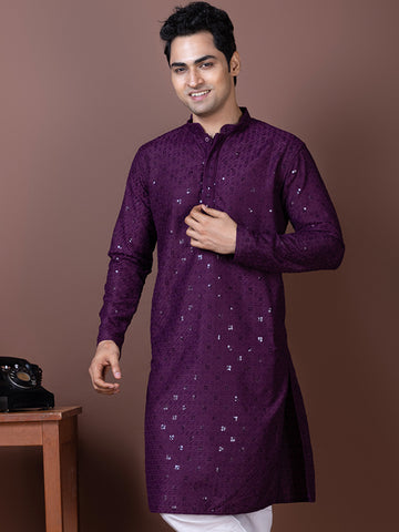 Mens Purple Chikankari Kurta with Pyjama