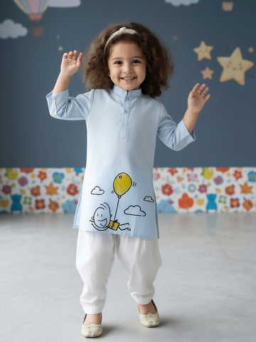 [DGKS-MGSP] Girls Sky Blue Ethnic Motifs Printed Cotton Kurti Set