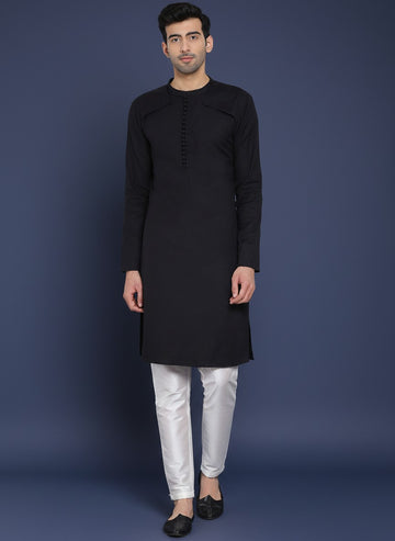 Men's Black Cotton Kurta Set – Solid & Side Placket