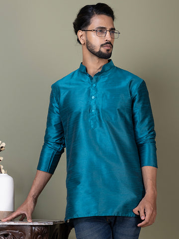 [DPS] Men's Blue Solid Art Silk Short Kurta