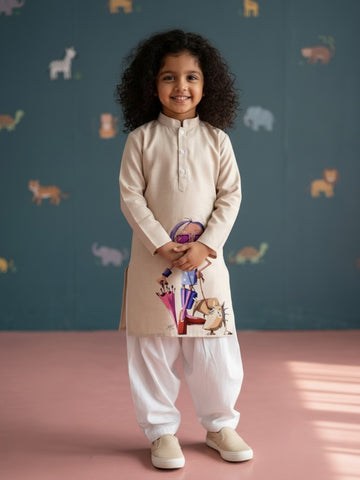 Girls' Beige Cotton Kurti Set – Ethnic Print